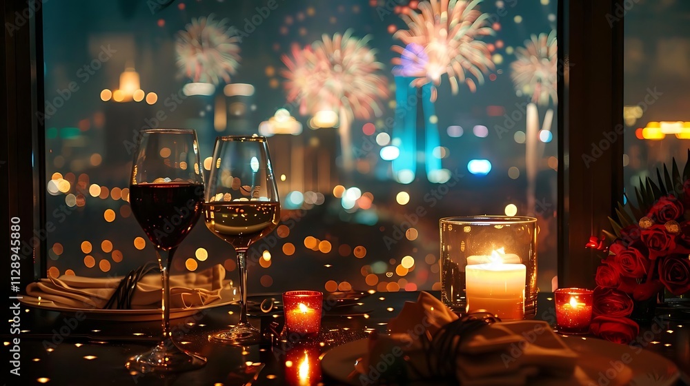Romantic dinner for two with fireworks view. Romantic dinner for two with fireworks view.