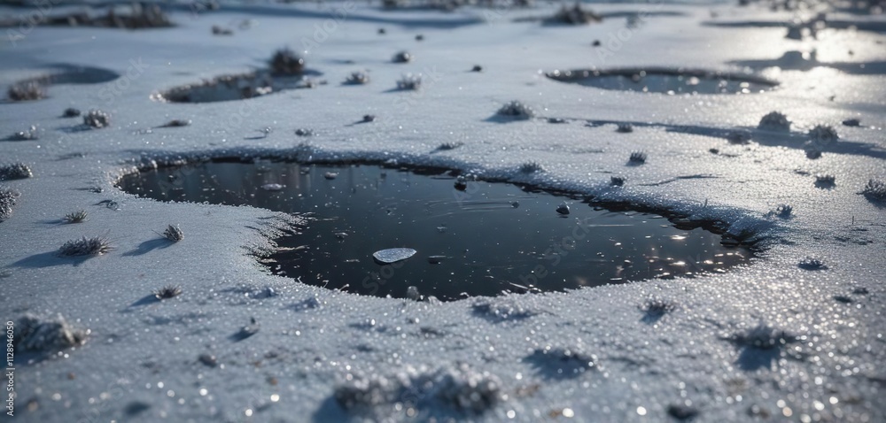 Fine silver glitter scattered across the surface of a frozen pond, crystalline glitters, frosty sparkles Fine silver glitter scattered across the surface of a frozen pond, crystalline glitters, frosty sparkles