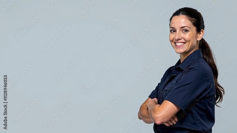 A security officer stands smiling with an alert look at the camera. She has long, dark hair pulled back into a ponytail and wears a dark blue uniform A security officer stands smiling with an alert look at the camera. She has long, dark hair pulled back into a ponytail and wears a dark blue uniform