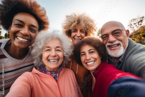 Smiling diverse group of seniors taking a selfie outdoors