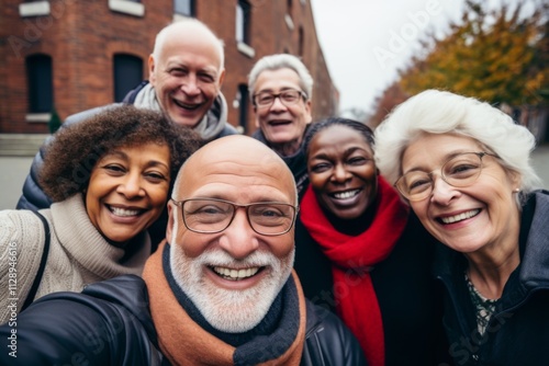 Smiling diverse group of seniors taking a selfie outdoors