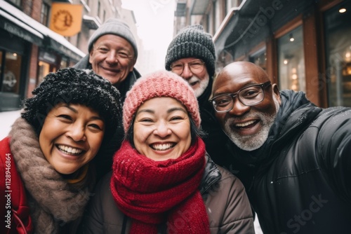 Smiling diverse group of seniors taking a selfie outdoors