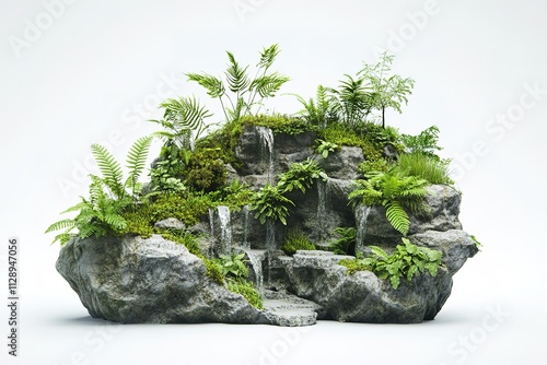 A rock with a waterfall and plants growing out of it photo