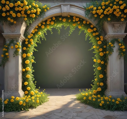 A picturesque archway flanked by a profusion of yellow roses and a tapestry of emerald green leaves, floral decoration, arched bridge photo