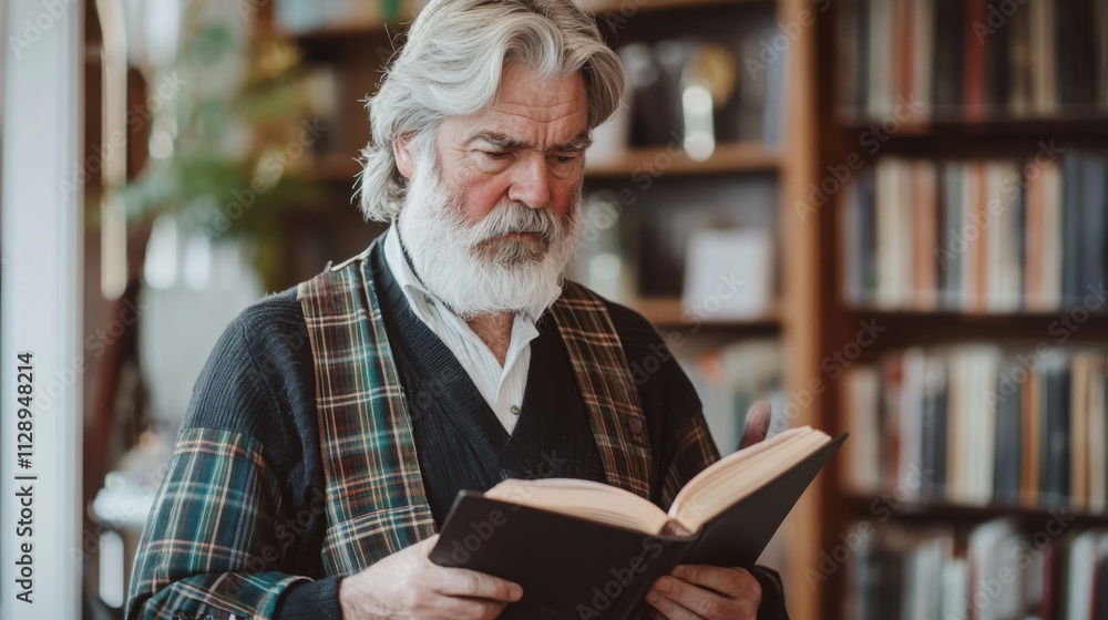 Mature Bearded Man Reading Book in Library with Bookshelf Mature Bearded Man Reading Book in Library with Bookshelf