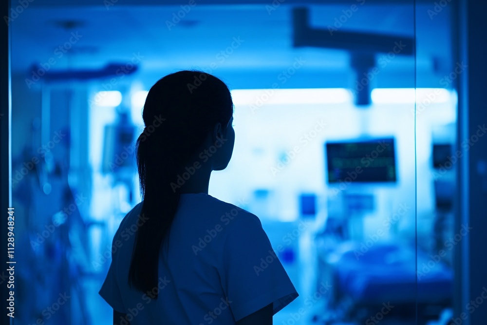 A nurse’s silhouette seen through frosted glass in a hospital room, soft blue lighting highlighting the medical equipment and patient bed, creating a calm and professional scene 4 A nurse’s silhouette seen through frosted glass in a hospital room, soft blue lighting highlighting the medical equipment and patient bed, creating a calm and professional scene 4