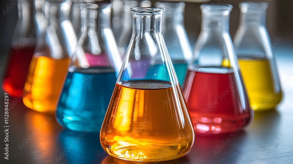 Brightly colored liquids in clear glass flasks, their smooth surfaces reflecting light and showcasing the vibrant hues within, captured in a detailed close-up. Brightly colored liquids in clear glass flasks, their smooth surfaces reflecting light and showcasing the vibrant hues within, captured in a detailed close-up.