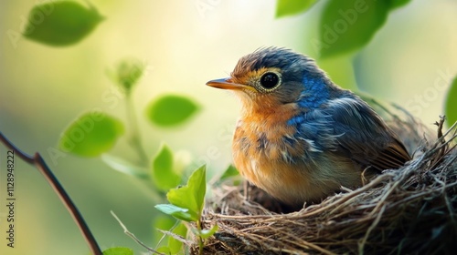 A bluebird resting in its nest surrounded by soft greenery. photo