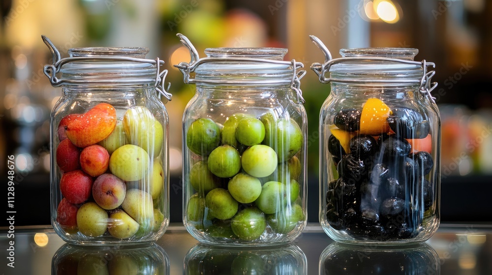 Pickled fruits displayed in elegant glass jars, with a focus on their bright, appealing colors and textures for a fresh, homey scene Pickled fruits displayed in elegant glass jars, with a focus on their bright, appealing colors and textures for a fresh, homey scene