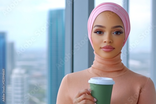 A serene photo of an employee sitting in a modern office space, sipping coffee while reviewing emails photo