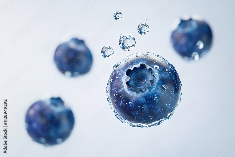A close up of four blueberries with water droplets surrounding them A close up of four blueberries with water droplets surrounding them