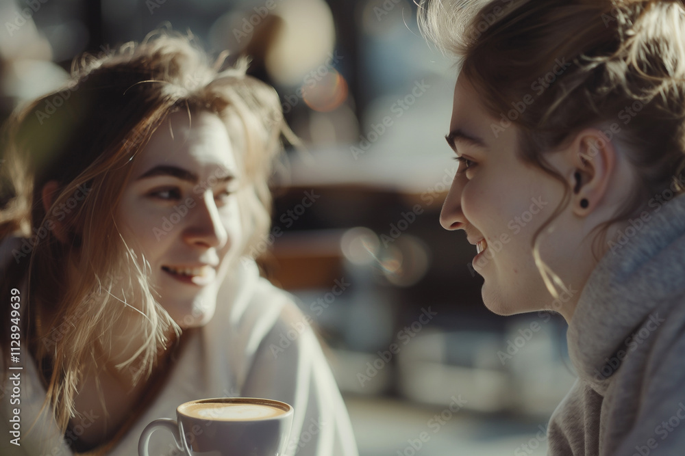 Two friends enjoying coffee at a cozy cafe, two women with cappuccino talking in a coffee shop, friendship and happiness. Women gossiping, date or spending time together Two friends enjoying coffee at a cozy cafe, two women with cappuccino talking in a coffee shop, friendship and happiness. Women gossiping, date or spending time together