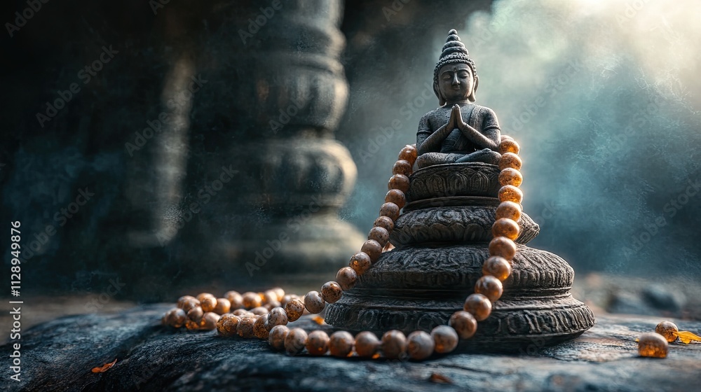 Fototapeta premium Sacred beads draped over a stone statue, their soft light reflecting ancient traditions, set against a deep, meditative background