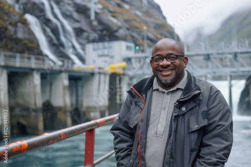 Portrait of a smiling middle aged black male engineer at hydroponic plant