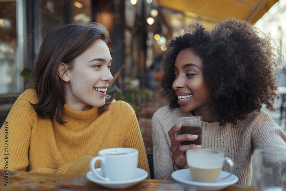 Two friends enjoying coffee at a cozy cafe, two women with cappuccino talking in a coffee shop, friendship and happiness. Women gossiping, date or spending time together Two friends enjoying coffee at a cozy cafe, two women with cappuccino talking in a coffee shop, friendship and happiness. Women gossiping, date or spending time together