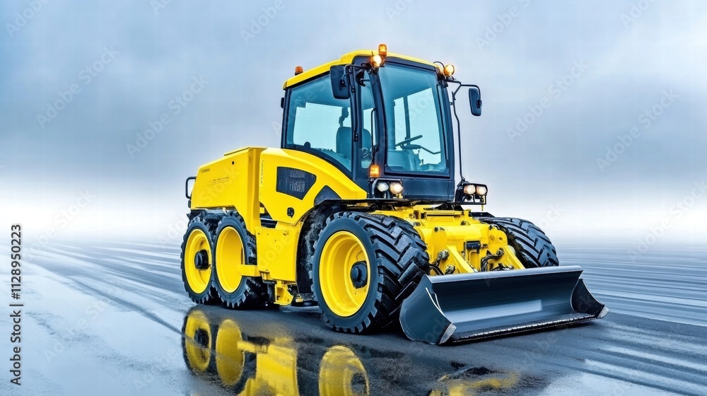 Yellow Tractor on Wet Asphalt Yellow Tractor on Wet Asphalt