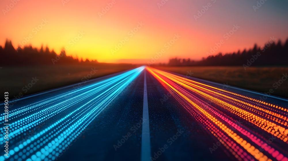 Obraz premium A mesmerizing sunset roadscape with glowing fiber optic trails creating a dynamic visual spectacle. Fiber optic, Network, Infrastructure Concept