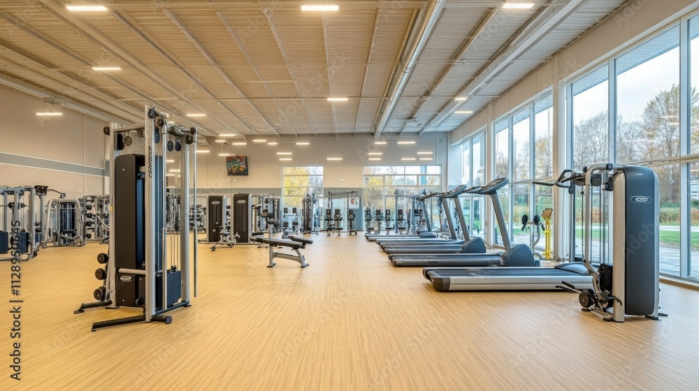 Modern Fitness Center Interior with Exercise Equipment Modern Fitness Center Interior with Exercise Equipment