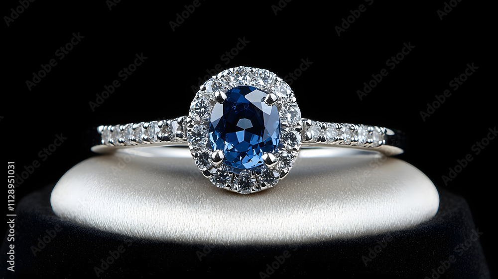 A magnificent sapphire ring with a halo of diamonds presented on a satin stand. A magnificent sapphire ring with a halo of diamonds presented on a satin stand.