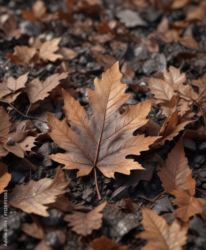 A tiny, smoldering oak leaf hidden within a heap of parched brown leaves and hot ashes , dry leaves, fading glow, embers A tiny, smoldering oak leaf hidden within a heap of parched brown leaves and hot ashes , dry leaves, fading glow, embers