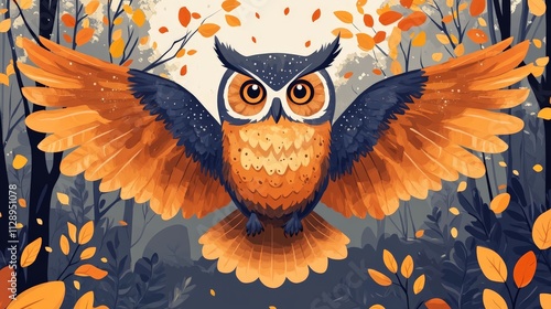 A simple flat illustration of an owl flying with wings spread, clean vector style, on a white background photo