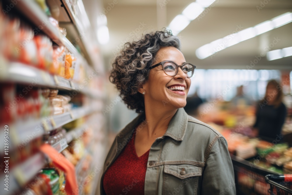 Middle aged Hispanic woman shopping in grocery store Middle aged Hispanic woman shopping in grocery store