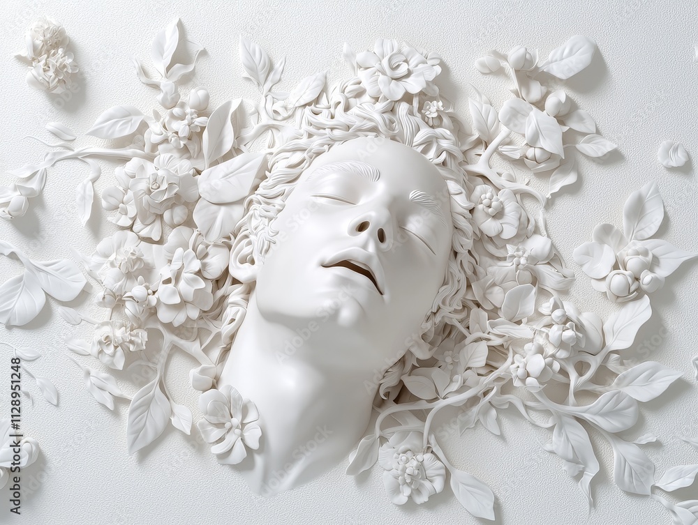 A serene face sculpted in relief, intertwined with complex foliage.