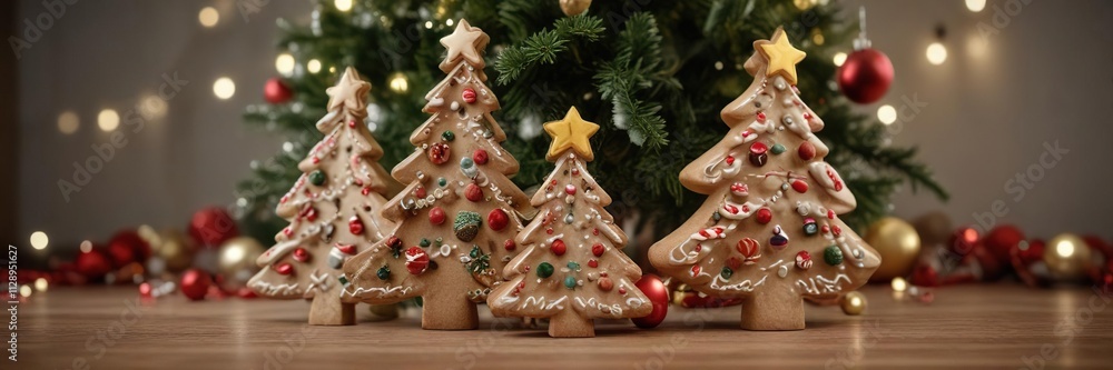 A Christmas tree decorated with cookie-shaped ornaments, sugar cookies, holly A Christmas tree decorated with cookie-shaped ornaments, sugar cookies, holly