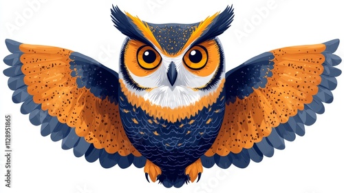 A simple flat illustration of an owl flying with wings spread, clean vector style, on a white background photo