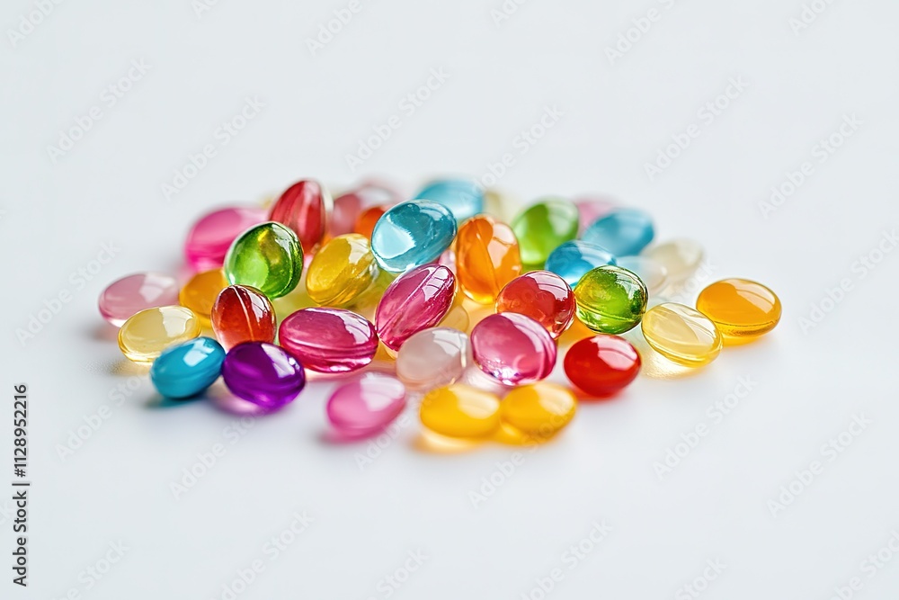 A pile of multicolored pills on a white background A pile of multicolored pills on a white background