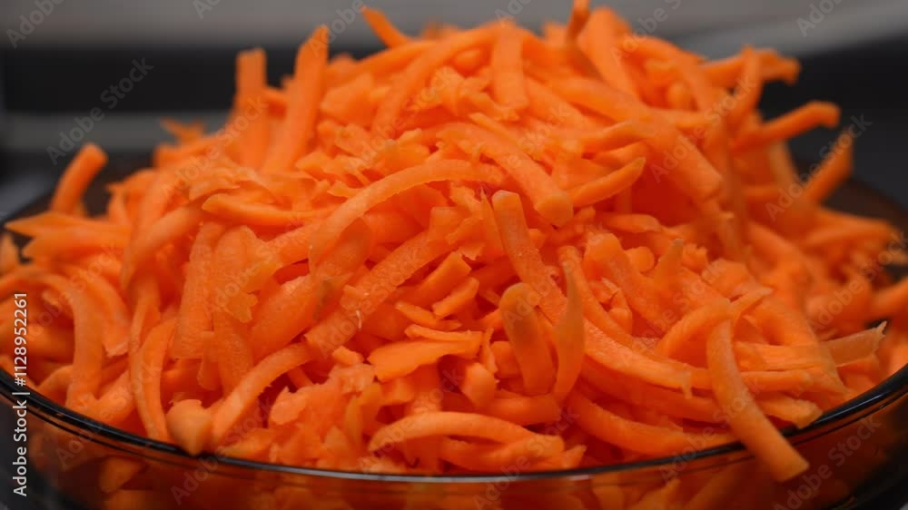 rotation. a large bowl of grated carrots. Cooking a vegetable salad from fresh vegetables. all-purpose grater. rotation. a large bowl of grated carrots. Cooking a vegetable salad from fresh vegetables. all-purpose grater.