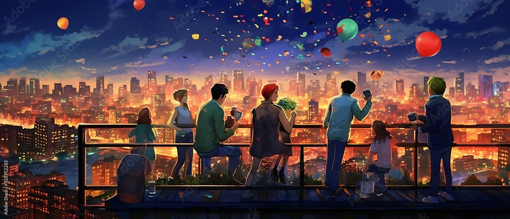 Friends enjoying city night view with floating lanterns. Friends enjoying city night view with floating lanterns.