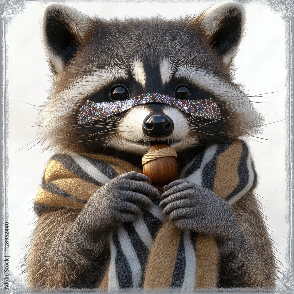 Adorable Raccoon with Glitter Eyes and Acorn Adorable Raccoon with Glitter Eyes and Acorn