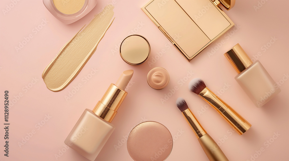 A top-down view of assorted golden-toned cosmetics, including powders, brushes, and tubes, beautifully arranged on a neutral background, highlighting elegance and luxury in makeup presentations. A top-down view of assorted golden-toned cosmetics, including powders, brushes, and tubes, beautifully arranged on a neutral background, highlighting elegance and luxury in makeup presentations.