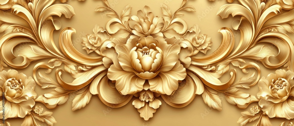 Luxurious Golden Floral Ornament Carving, 3D Wall Decor, Baroque Design Luxurious Golden Floral Ornament Carving, 3D Wall Decor, Baroque Design