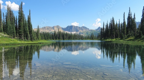 Serene mountain lake nestled in lush coniferous forest with majestic peaks reflecting in clear waters