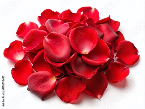 Elegant Arrangement of Red Rose Petals Isolated on a Soft White Background, Perfect for Romantic Themes, Weddings, or Floral Design Projects