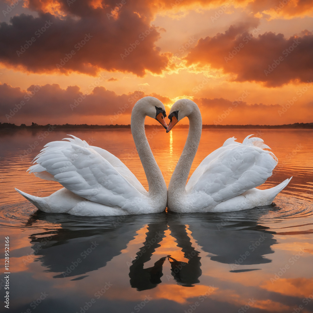 Fototapeta premium Two swans forming a heart shape at sunset on a calm lake.