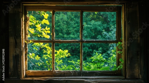 Rustic Window Frame Overlooking a Lush Green Forest