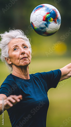An older female soccer player skillfully juggles the ball, demonstrating impressive control and athleticism.

