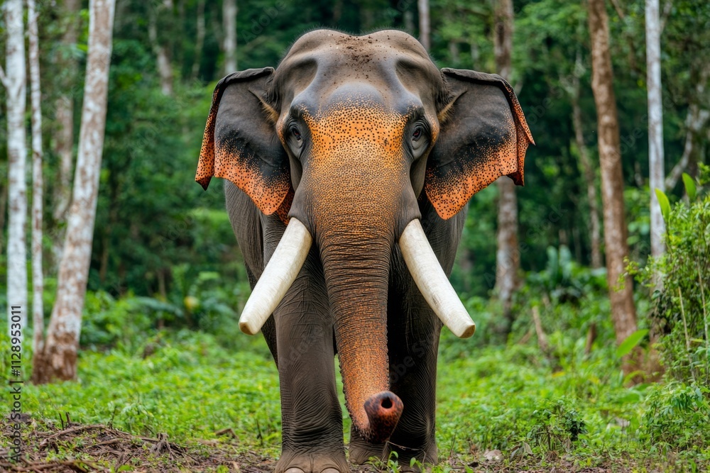 Fototapeta premium A vibrant photo of a majestic elephant with large tusks walking gracefully through a misty forest in India