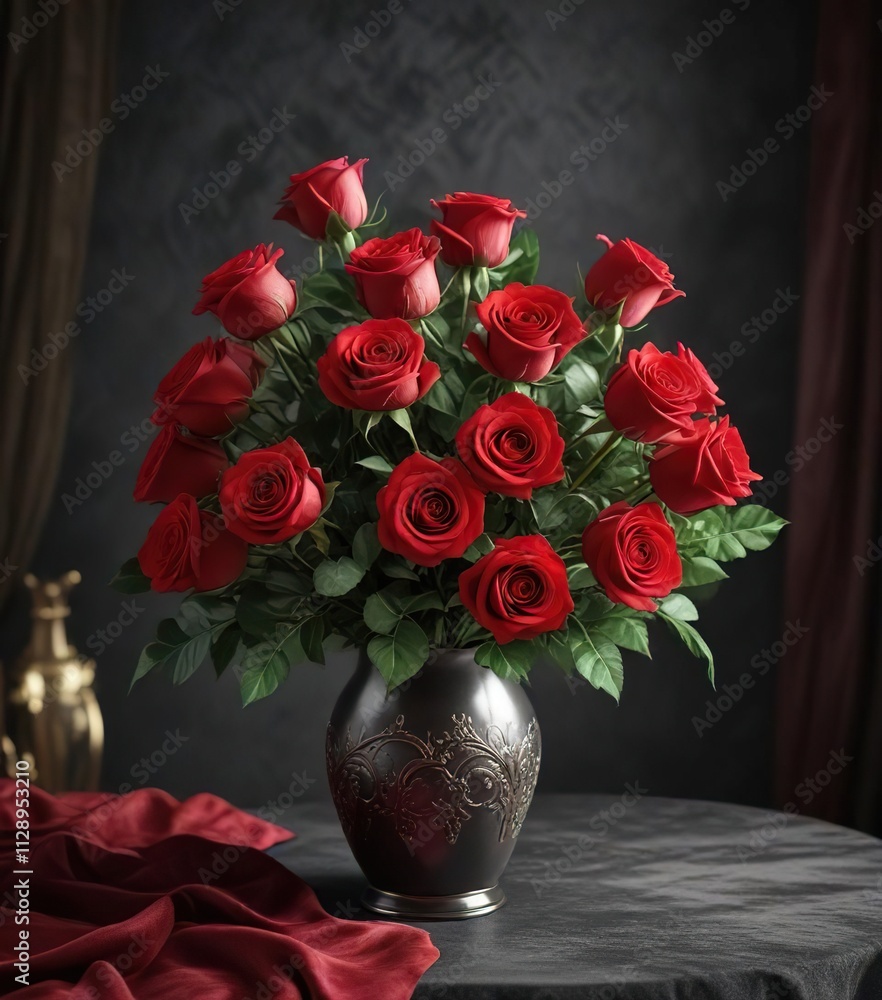 Bouquet of red roses in a vase on a velvet background , roses, flower arrangement Bouquet of red roses in a vase on a velvet background , roses, flower arrangement