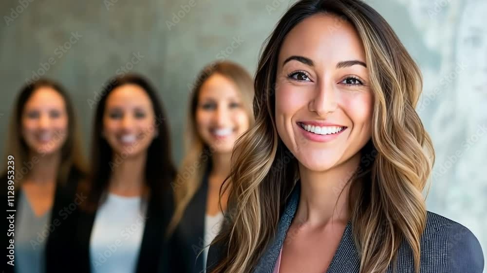 A confident businesswoman smiling in the foreground with her supportive female team behind her. Concept of female leadership and teamwork in professional success. A confident businesswoman smiling in the foreground with her supportive female team behind her. Concept of female leadership and teamwork in professional success.