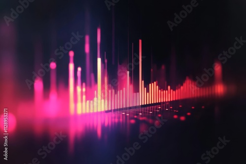 Abstract vibrant equalizer display with glowing bars and particles, perfect for technology, music, and data visualization concepts.