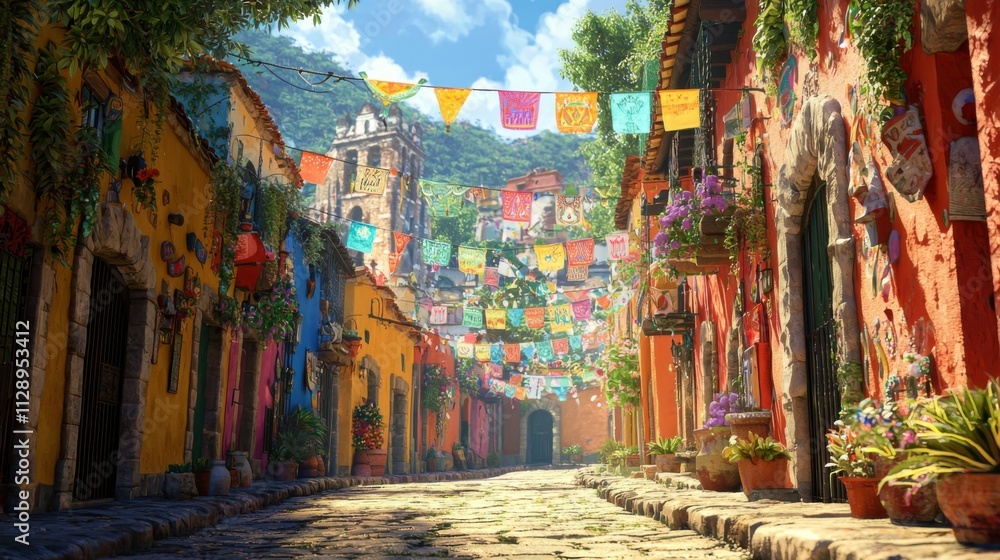 Fototapeta premium Vibrant Alleyway in a Colorful Mexican Town with Festive Flags and Charming Architecture