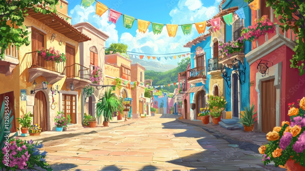 Fototapeta premium Colorful and Quaint Mediterranean Town Street with Traditional Architecture and Festive