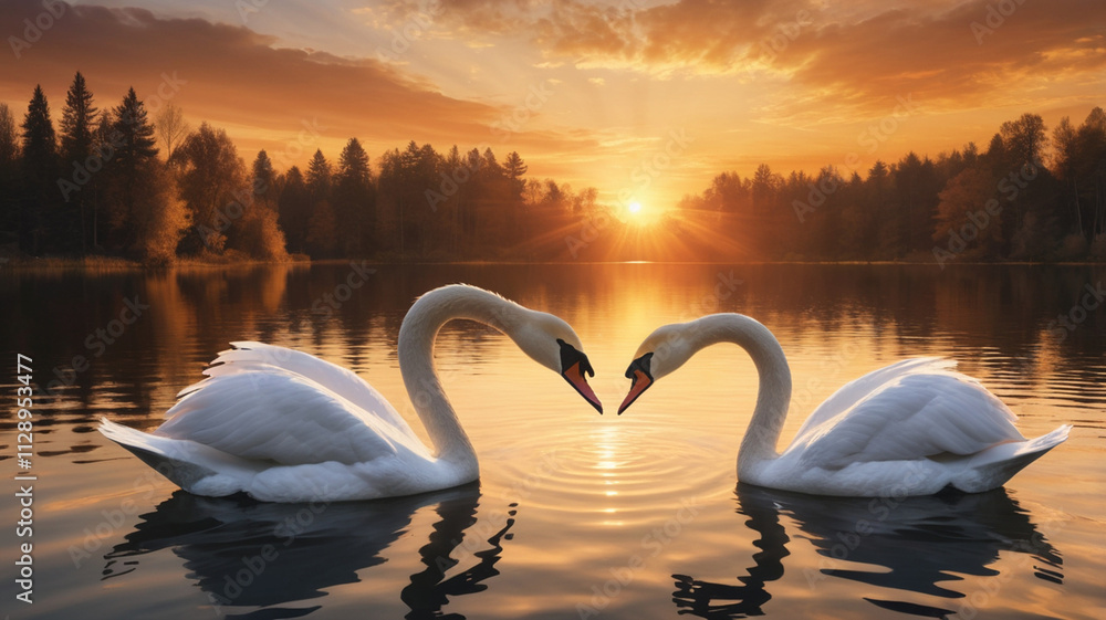 Two swans in a heart shape formation on a lake during golden sunset. Two swans in a heart shape formation on a lake during golden sunset.