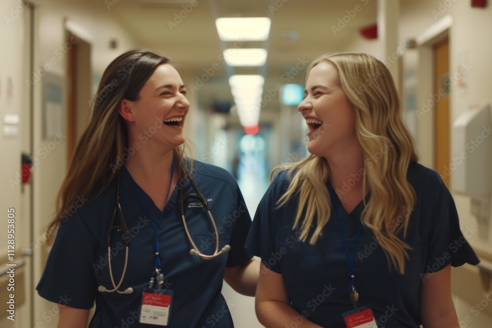 Obraz premium Candid shot of two nurses laughing and talking in hospital lobby