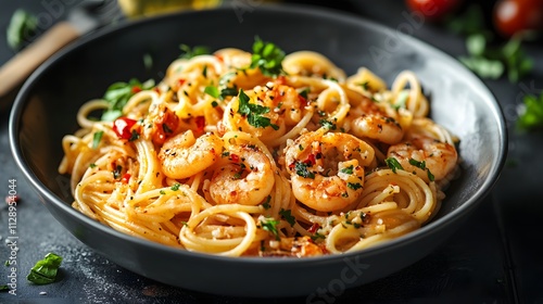 Delicious shrimp pasta garnished with fresh herbs in a bowl.