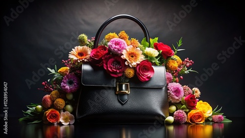 Elegant Black Handbag Adorned with Vibrant Colorful Flowers on a Dark Background for Fashion Photography photo